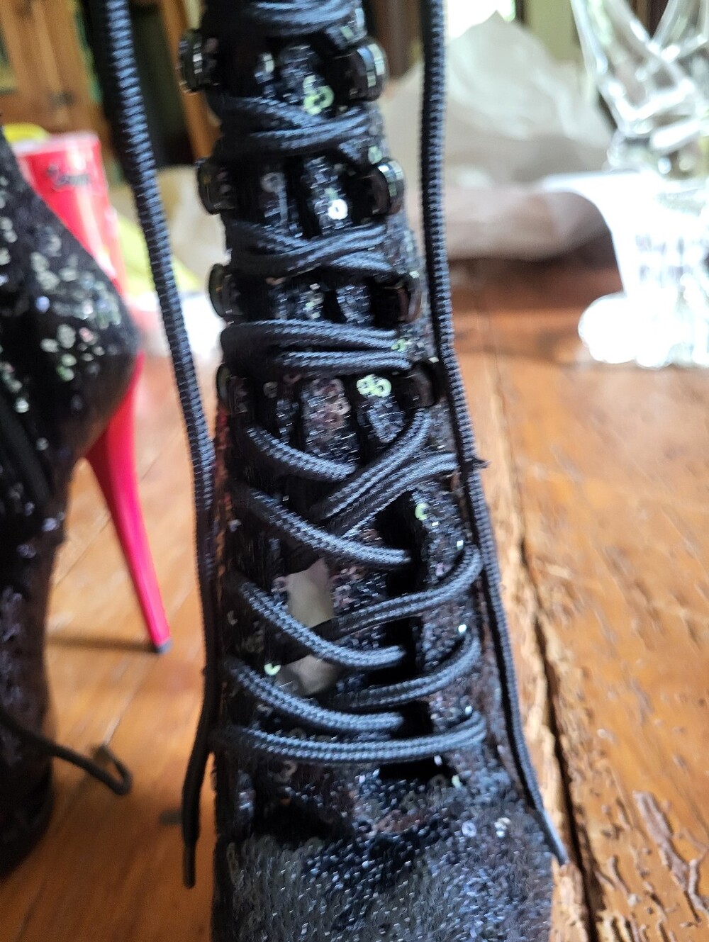 Pleaser Black Sequin Lace-Up Platform Booties with Red Heel - Picture 5 of 11